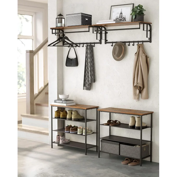 Vasagle Wandgarderobe mit Ablage und 5 abnehmbaren Haken, Holz vintagebraun-schwarz, 80 x 30 x 27 cm – Bild 4