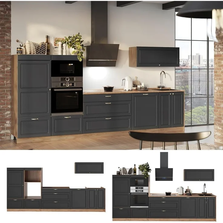 Küchenzeile Fame-Line Anthrazit-Gold Landhaus/Goldkraft Eiche 340 cm ohne Arbeitsplatte Vicco – Bild 6