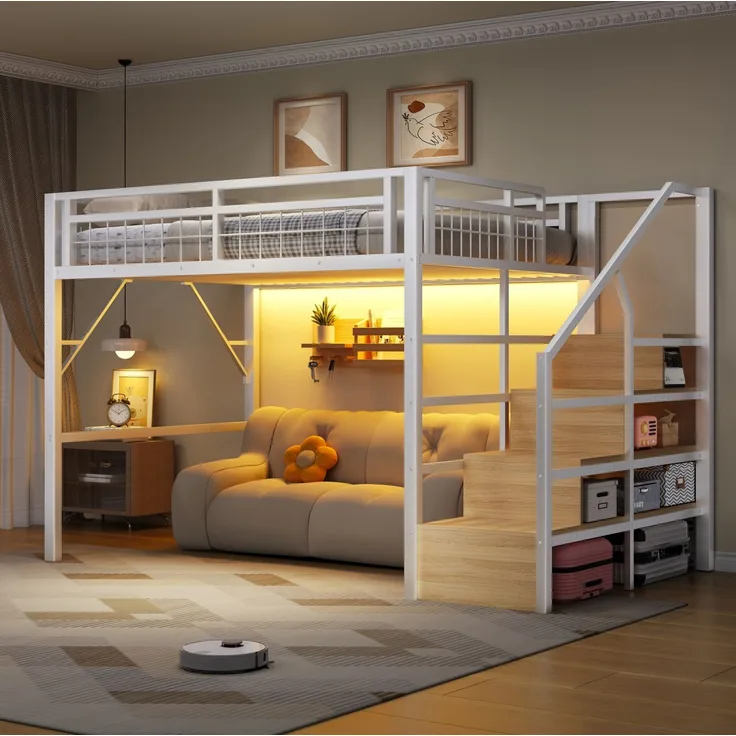 CHICFURN Hochbett Metall und MDF Weiß 140x200 cm mit LED-Beleuchtung und Stauraumtreppe