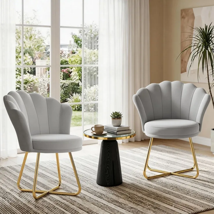 Hawthyhome Polsterstuhl Polstersessel 2er Set mit Blütenblatt-Rückenlehne, goldene Metallbeine, ergonomische hohe Rückenlehne mit Kopfstütze, Wasserfall-Sitzkissen, SGS-zertifiziert & bis 150 kg belastbar, elegantes Design, ideal für Esszimmer, Schmink...