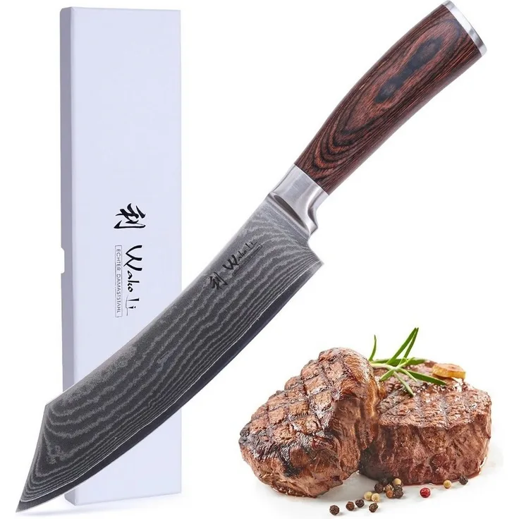 Wakoli Kochmesser Edib Damast BBQ- & Blockmesser I 20 cm Klinge I Pakkaholzgriff