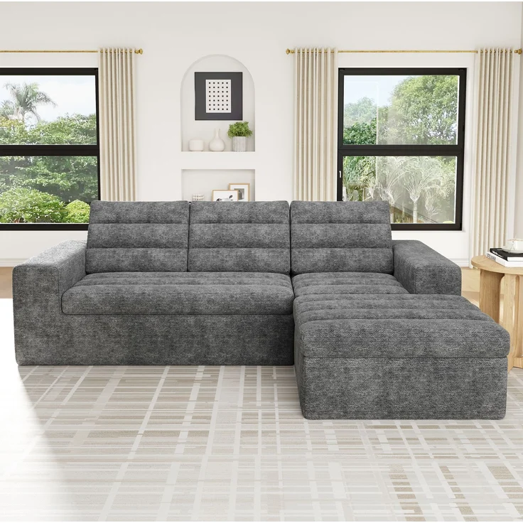 Ecksofa 253 x 161 x 89 cm in Hellgrau, modulares Chenille-Sofa mit Hocker, rahmenloser Schaumstoffpolsterung – Bild 2