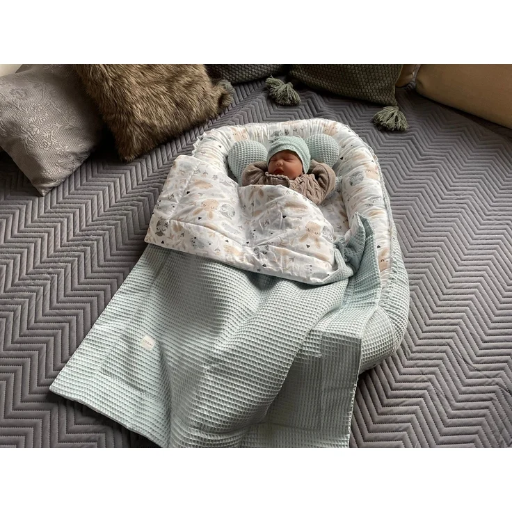 Loolay Bettnestchen Minze WAFFELPIQUE/ HASE Beige Weiß Babynest Babyausstattung, (Reisebett Nestchen SOLO/ o. in PREMIUM Geschenk SETS für Neugeborene, 5-tlg, 4 Jahreszeiten ATMUNGSAKTIVER WAFFELSTOFF Bestseller GESCHENK), LOOLAY® - 100% Europäische St... – Bild 2