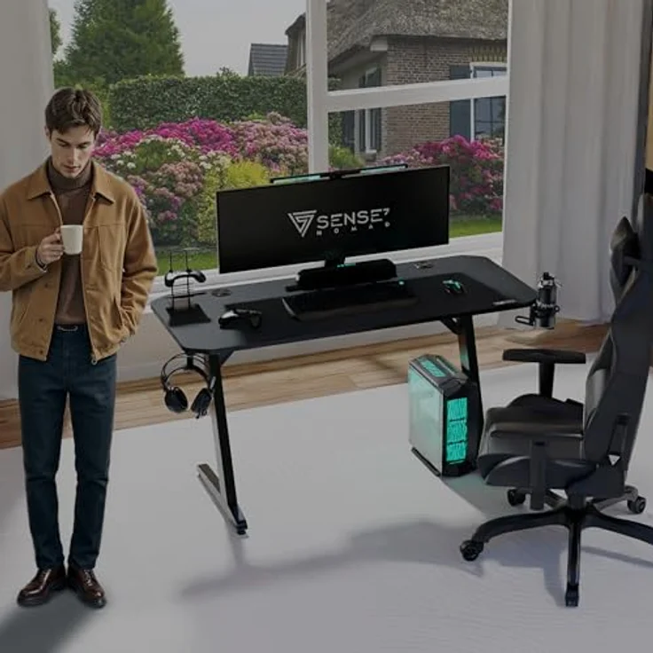 SENSE7 Schreibtisch Nomad Cybernetic, Gaming Tisch 100x50, PC Tisch mit Kopfhörerhaken, Getränkehalter, Controller Halter, Gaming Computertisch mit Kohlefaseroberfläche, Ergonomischer Gaming Desk – Bild 6