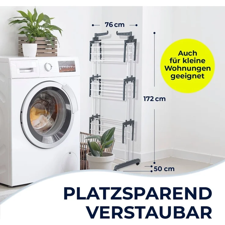 EASYmaxx Klappbarer Wäscheständer | Effizientes Trocknen mit 3 Ebenen, 2 Seitenflügeln & leichtem Aufbau | Platzsparend, vielseitig und mobil für drinnen und draußen, Grau/Weiß – Bild 8