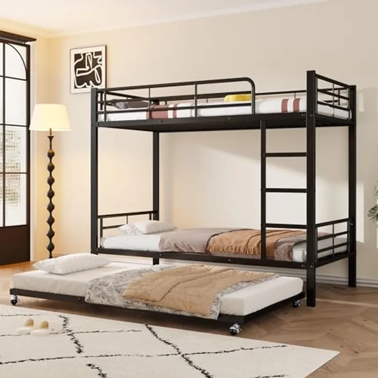 Ball & Cast Hochbett (90x200cm&90x190cm) Metall Kinderbett mit Absturzsicherung und Treppe, Etagenbett mit Ausziehbett für 3 Kinder, Schwarz