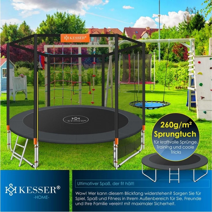 KESSER® - Trampolin | TÜV Rheinland GS Zertifiziert | Komplettset mit Sicherheitsnetz, Leiter, Randabdeckung, Seitentasche & Zubehör | Kindertrampolin Gartentrampolin Belastbarkeit 150 kg Orange, 244 cm – Bild 3