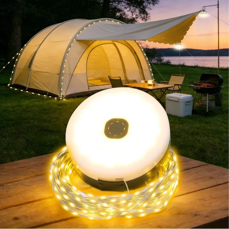 OZAVO LED-Lichterkette Camping Lichterkette Aufrollbar 3 in 1 LED-Lichterkette, 100-flammig, 3 Beleuchtungsmodi für Camping, Zelt,Hof und Häuser (10M) – Bild 1