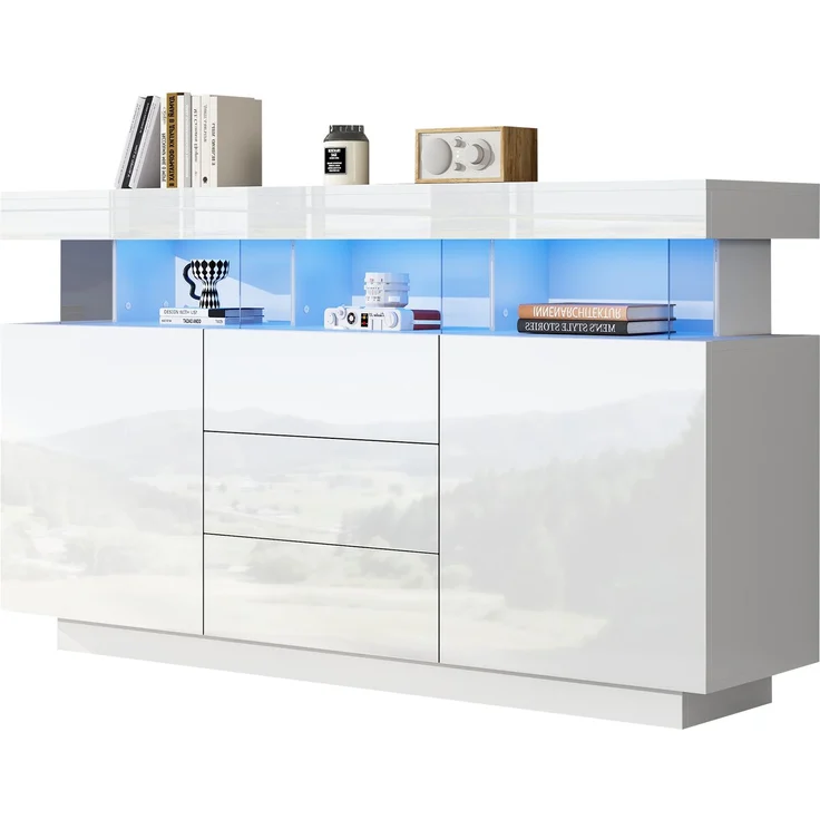 ZUBALIYA Sideboard 140x35x80 cm, mit LED-Beleuchtung, Hochglanz, aus Spanplatte, Weiß – Bild 7