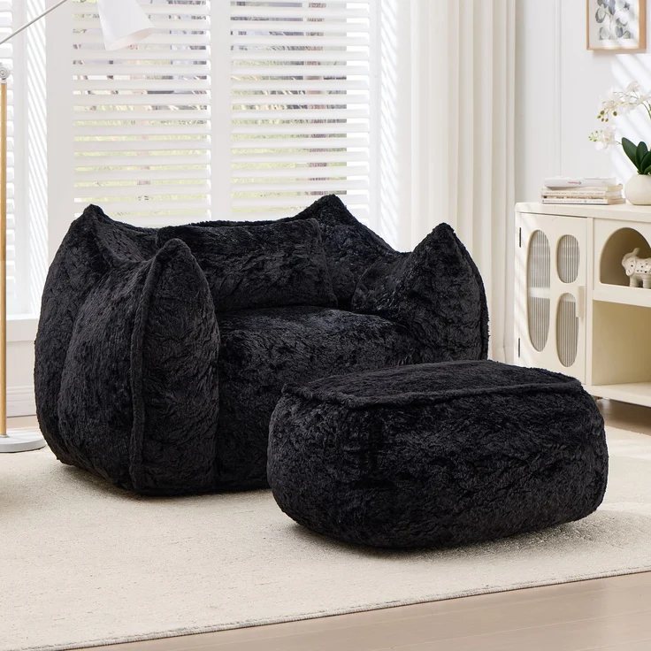 Riesiger Sitzsack für Erwachsene und Kinder, Sitzsack-Sofa mit Kunstfellbezug, Kissen und Hocker, bequemes Lese- und Spielsofa für Schlaf- und Wohnzimmer, Schwarz--Schwarz--123x157x73cm--YOUDENOVA – Bild 1