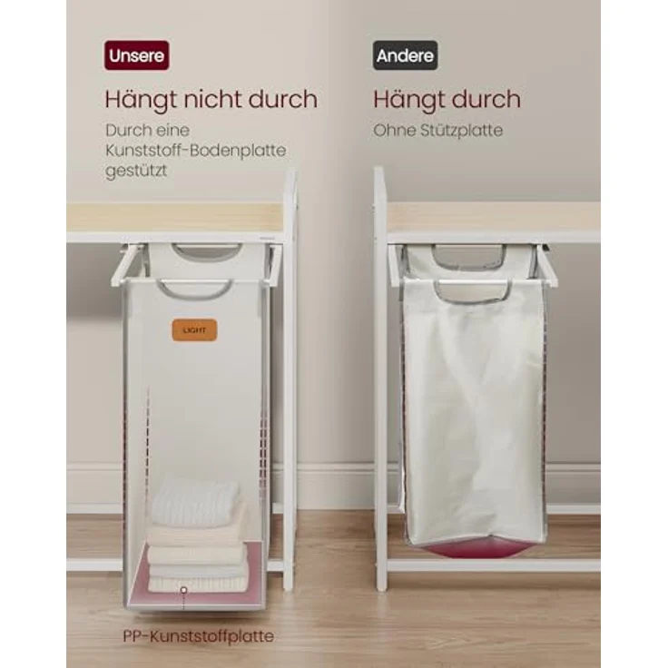 VASAGLE Wäschekorb 2 Fächer, Wäschesammler 100 L, Wäschesortierer, Rollen, Wäschewagen mit Ablagen, Wäschesack, mit abnehmbaren Taschen, 6 Etiketten, naturbeige-taubengrau-cremeweiß – Bild 6