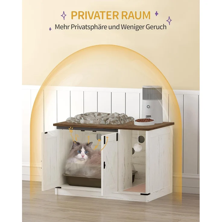 Katzenschrank, Katzentoilette, Katzenklo Schrank, Versteckte Katzentoilette Kabinett Möbel mit Katzenglocke, Indoor-Katzenhaus, 80 x 50 x 53 cm, für Flur, Schlafzimmer, Vintagebraun-Weiß – Bild 3