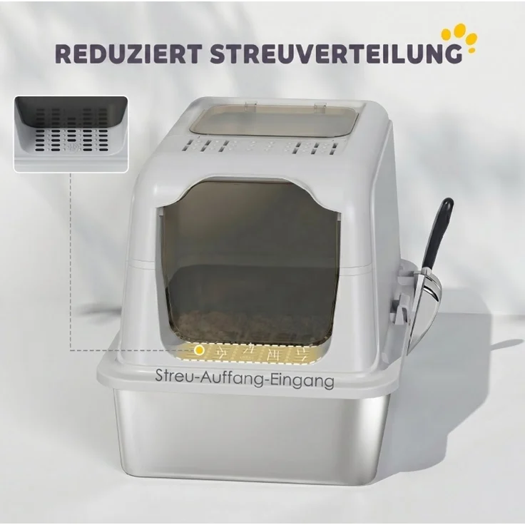 Katzentoilette 60,4 x 40,4 x 41,8 cm mit Deckel, Edelstahlschale und Streuschaufel – Bild 4
