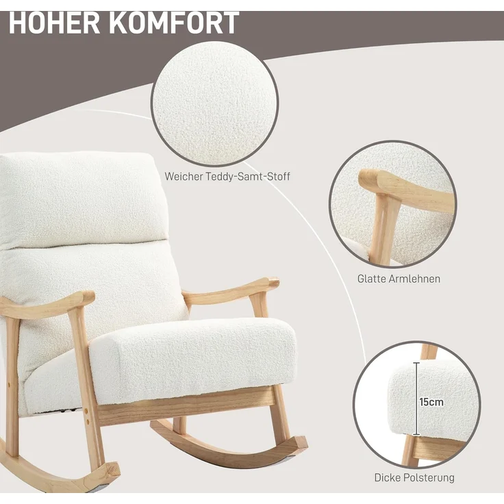 HOMCOM Schaukelstuhl ergonomisch, mit Samtoptik (Schwingsessel, 1 St), bis 120 kg belastbar, für Schlafzimmer, Wohnzimmer, Cremeweiß – Bild 6
