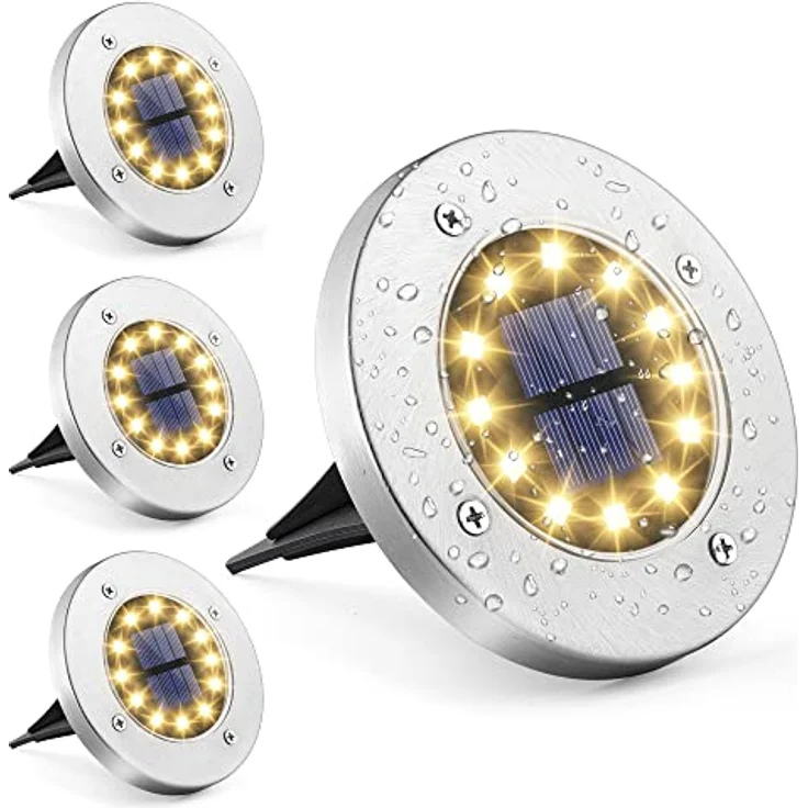 GIGALUMI Solar Bodenleuchte 12 LEDs 4 Stück Solarleuchten Warmweiß Gartenleuchten Edelstahl Wasserdicht für außen, Garten, Terrasse, Rasen, Hof, Gehweg – Bild 1