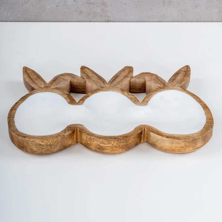 Levandeo® Dekoschale, Deko Schale L26cm Ostereier Hasenohren Mangoholz Natur Weiß – Bild 6