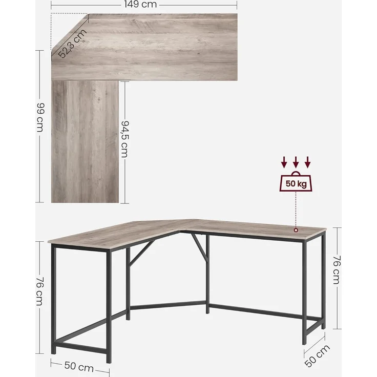 VASAGLE Eckschreibtisch, L-förmiger Computertisch, 149 x 149 x 76 cm, platzsparender Bürotisch, Homeoffice, Gaming, Greige meliert-tintenschwarz LWD073B02 – Bild 3