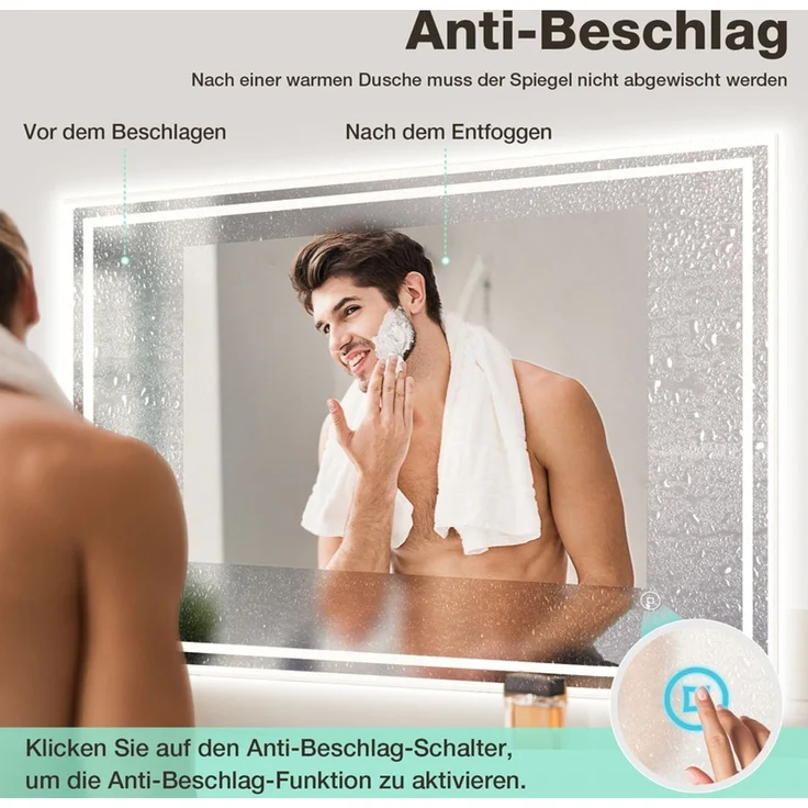 Gimbelen LED Badspiegel mit Beleuchtung 80x60 cm, rechteckig, dimmbar & 3 Lichtfarben, Anti-Beschlag, Touchschalter, explosionsgeschütztes Glas, für Badezimmer, Silber – Bild 4
