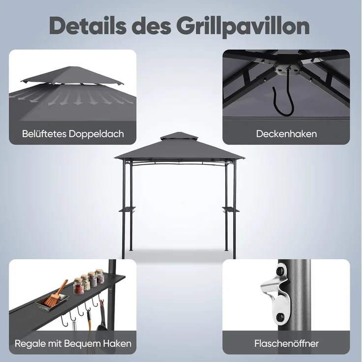Sekey Grill Pavillon 2.45x1.50 m, Wasserdicht Gartenlauben Gartenzelt Partyzelt für Garten/Partys/Picknick/BBQ´s, UV-Schutz 50+, Grau – Bild 6