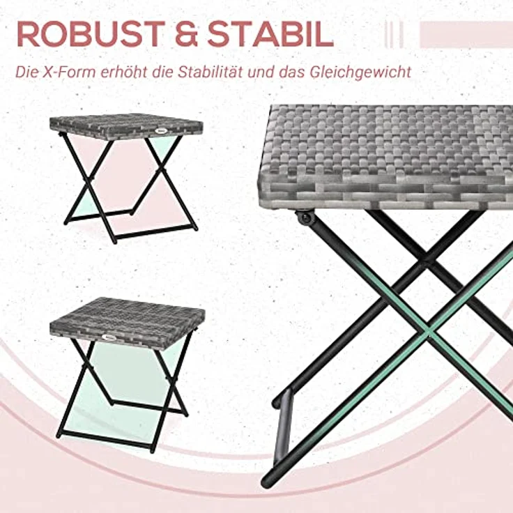 Outsunny Polyrattan Beistelltisch Gartentisch klappbar Couchtisch Gartenmöbel Falttisch Metall Grau 40 x 40 x 40 cm – Bild 7
