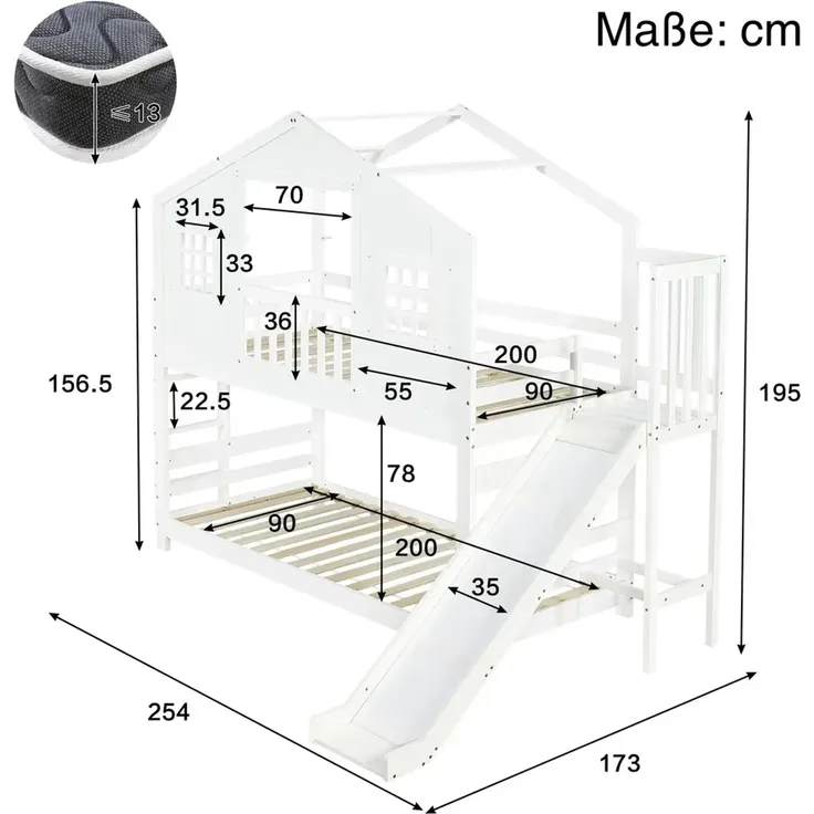 Etagenbett mit 2 Liegeflächen, Lattenrost, Rausfallschutz und Rutsche, 90x200cm, Hausbett, Spielbett, Kinderbett, Kiefer – Bild 6
