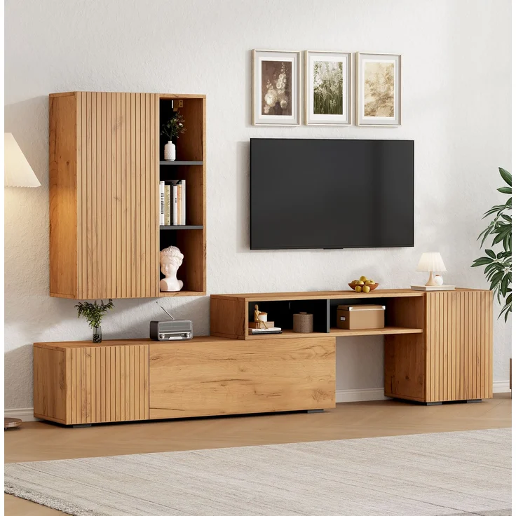TV Wohnwand-set mit Vitrine (Komplett-Set, 2-St),Mediawand inkl. TV-Board -set und Standregal,TV Wohnzimmermöbel-Set,flexible Länge TV-Schrank bis 265 cm,stehend&hängend,TV bis 120',Holzfarbe+Schwarz--Eiche--100.69x62.23x15.75cm--YOUDENOVA – Bild 4