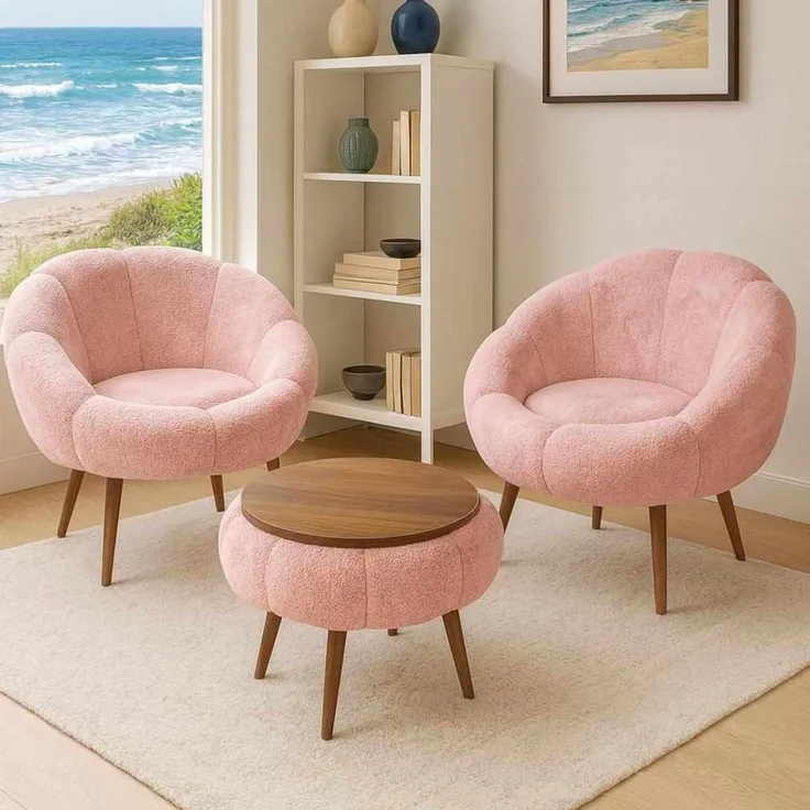 Hanah Home 'Lida Wellsoft - Pink' Ohrensessel- und Couchtisch-Set (3-teilig), Rosa, 75 x 100 x 42 cm