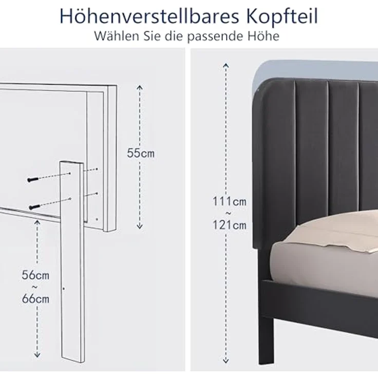 VECELO 2er-Set Polsterbett 90x200 cm – Samtbezug, Einzelbett Bettgestell mit Lattenrost aus Massivholz, Einfache Montage, Ideal für Jugendzimmer, Grau – Bild 4
