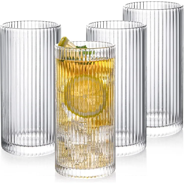 Premium Trinkgläser Set 4er 360ml Cocktail Origami Longdrink Geriffelt Eiskaffee