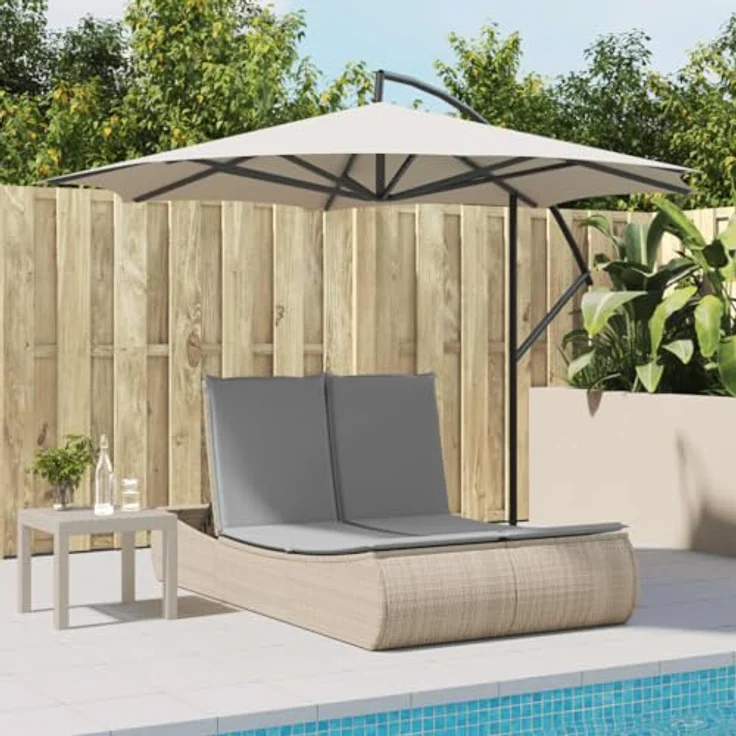 vidaXL Doppel-Sonnenliege mit verstellbarer Rückenlehne und abnehmbaren Kissenbezügen, Beige Poly Rattan – Bild 3