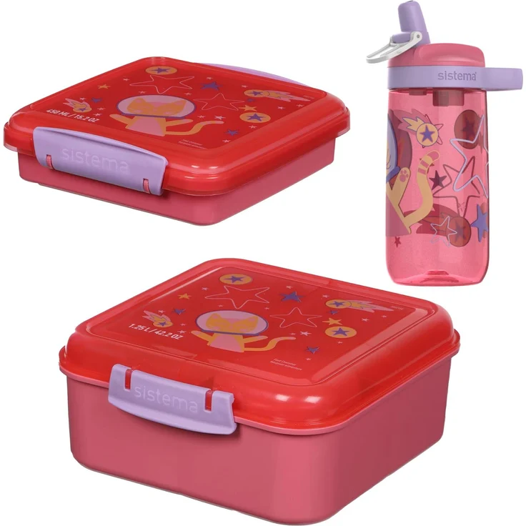Sistema Expressions Kinder Brotdose & Wasserflaschen-Set | Bento Cube (1,25L), Sandwich Box (450ml) & Easy Sip Flasche (500ml) | Space Kitty Popsicle