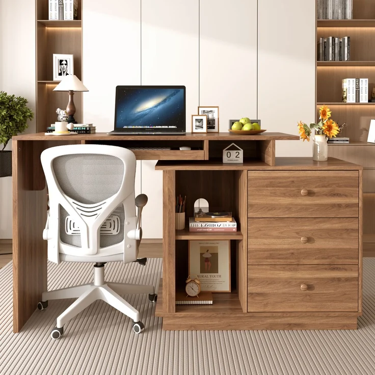 Schreibtisch 110x40x75,5 cm mit ausziehbarer Platte, Tastaturauszug und 3 Schubladen, Walnussholzdekor – Bild 3