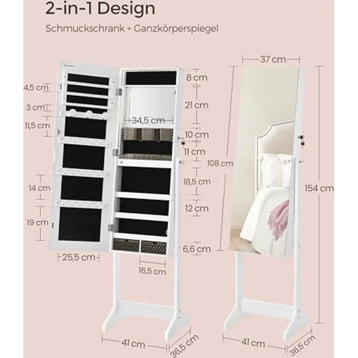 SONGMICS Schmuckschrank, Spiegelschrank, mit rahmenlosem Ganzkörperspiegel, LED-Beleuchtung, Innenspiegel, 2 Schubladen, abschließbar, wolkenweiß JJC023W01 – Bild 3