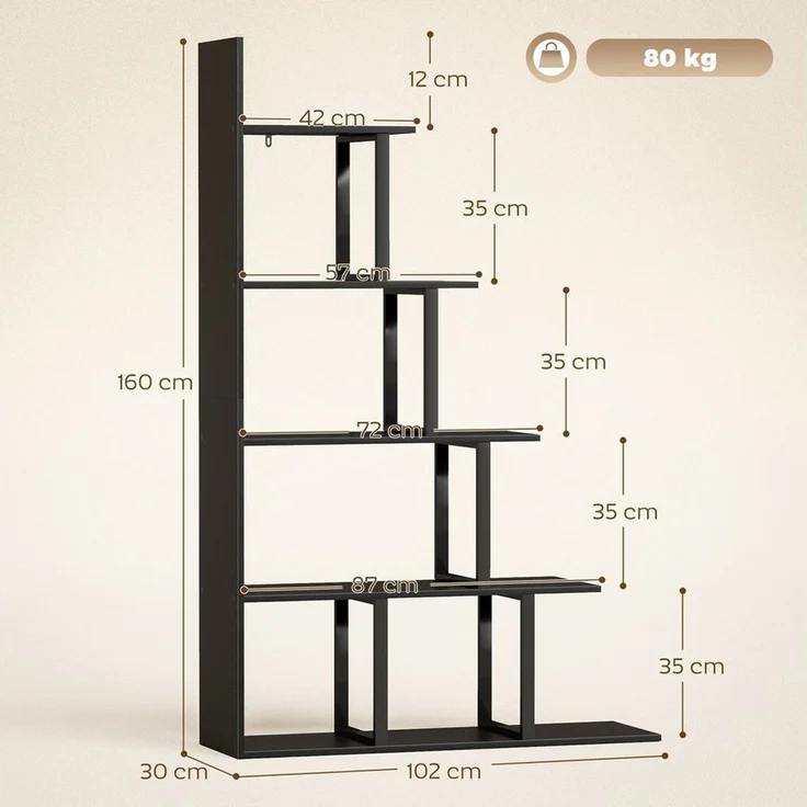 Luckice Bücherregal Offenes Bücherregal als Raumteiler, 5-stufiges Treppenregal, im Industrie-Design, Multifunktionales Standregal für Wohn- und Arbeitsbereiche, Schwarz, 102 x 30 x 160 cm – Bild 2