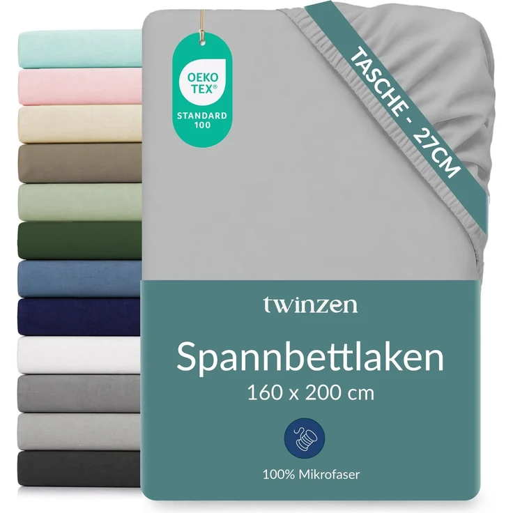 Twinzen Spannbettlaken 160x200 cm, 30cm große Mütze, Grau