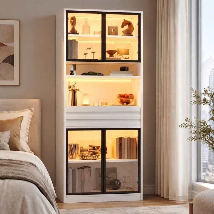 Vitrine 80 x 35 x 200 cm in Weiß mit 4 Glastüren und App-gesteuerter LED-Beleuchtung – Bild 3