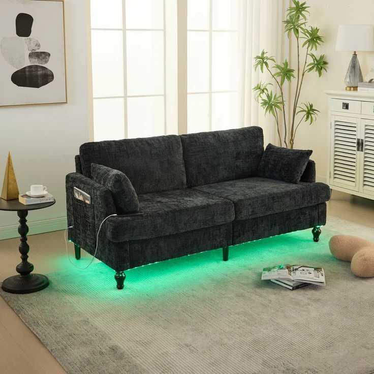 2-sitziges Chenille-Sofa mit USB-Ladeanschluss, LED-Licht und Aufbewahrungstasche in Schwarz – Bild 3