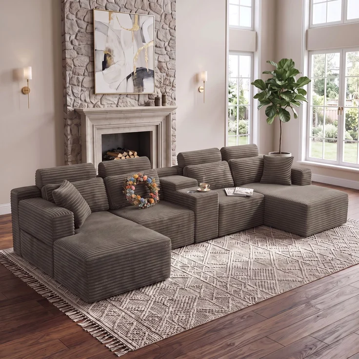 ZUBALIYA Boneless Compression Sofa, U-förmiges modulares Sofa mit integrierten Becherhaltern, Khaki, 372 x 151 x 80 cm – Bild 4