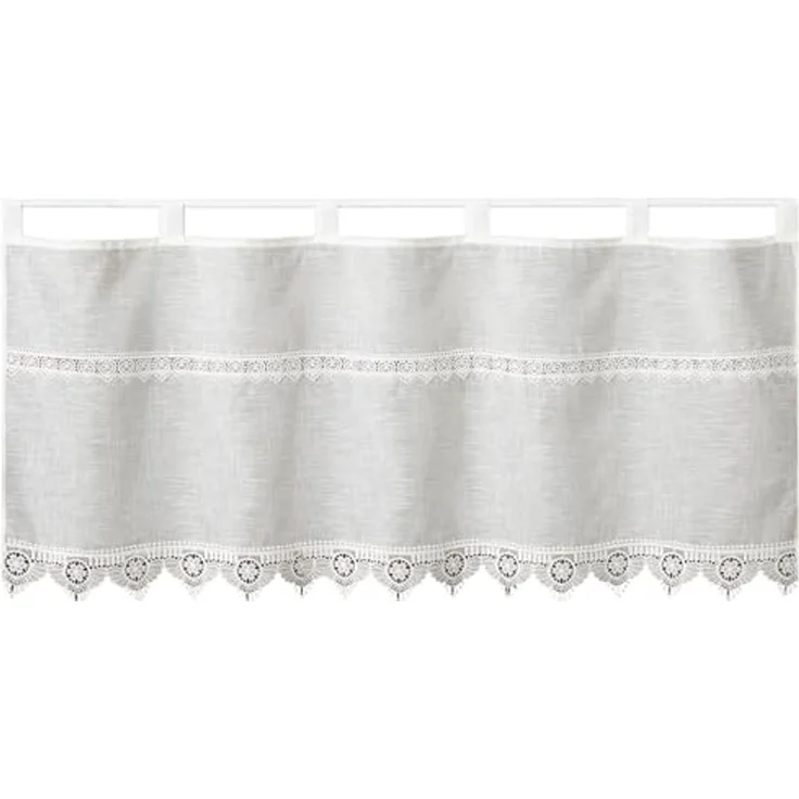 heimtexland Scheibengardine Landhaus Gardine Leinen Optik natur Kurzstore (1 St), Schlaufen, halbtransparent, Polyester, Schlaufen Bistrogardine 45x120 cm I Makramee Borte – Bild 3