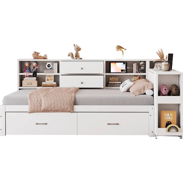Holzschlafsofa, multifunktionaler Stauraum, verdeckte Staufächer und Regale, 2 große Schubladen, Steckdose, ausziehbarer Schreibtisch, Einzelbett, Jugendbett, Holzbett, Holz, Weiß, 90×200 cm – Bild 5