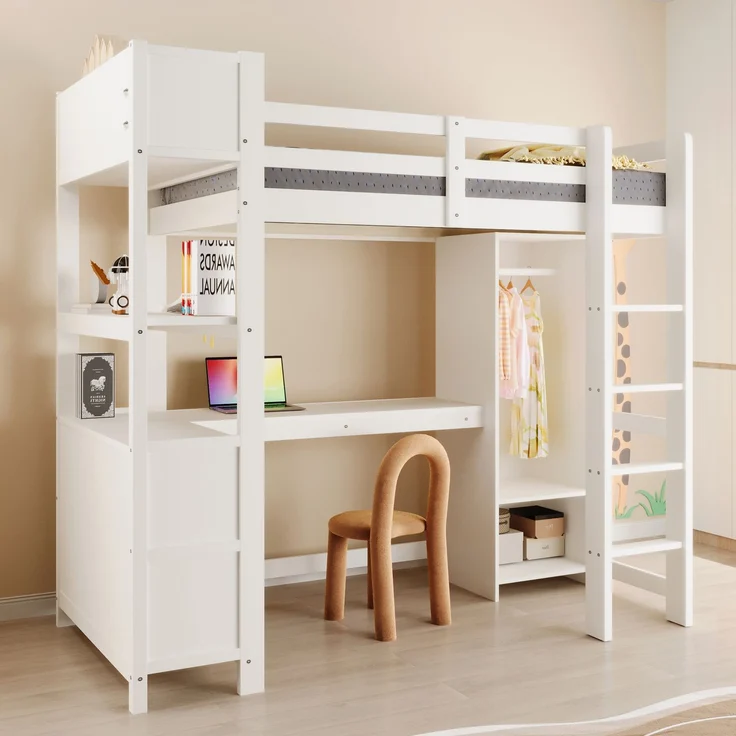 Merax Hochbett, Kinderbett 90x200 cm, mit Regale, mehrere Ablagefächer, Schreibtisch, Kleiderschrank, ohne Matratze, Weiß – Bild 5