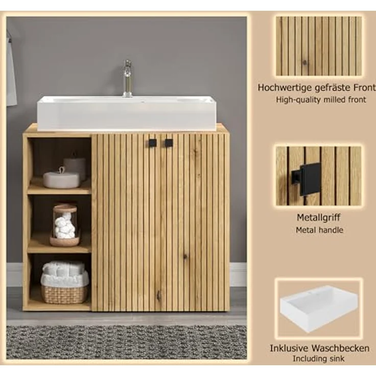 trendteam smart living - Waschbeckenunterschrank Unterschrank auf Rollen - Badezimmer - PureBliss - Aufbaumaß (BxHxT) 80 x 64 x 42 cm - Farbe Evoke Eiche mit schwarzen Rillen - 233730142 – Bild 10