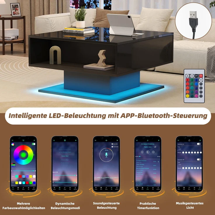 Couchtisch mit LED-Beleuchtung, verstecktem Stauraum und Hochglanzoptik, Lift-Design Sofatisch in Schwarz, mit USB-Anschluss – Bild 7