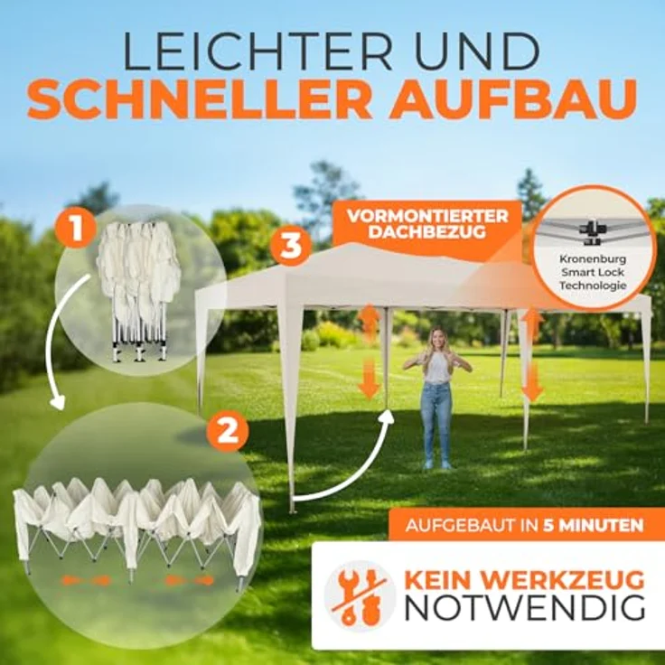 Kronenburg Faltpavillon wasserdicht Pavillon, Gartenzelt, 3x6 m - mit UV Schutz 50+, Champagner – Bild 5