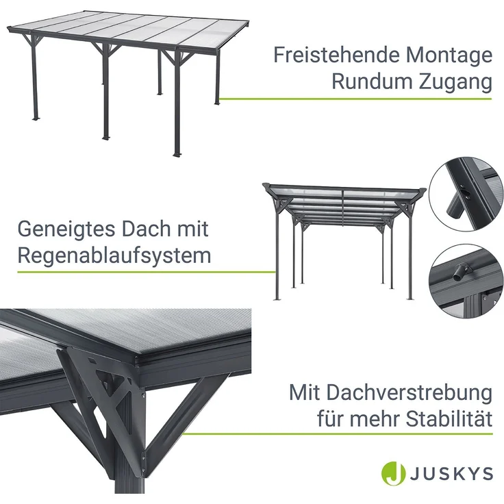 Juskys Carport mit Flachdach 5x3 m - Überdachung aus Aluminium mit Doppelstegplatten - Unterstand für Autos - freistehende Montage - Dunkelgrau – Bild 5