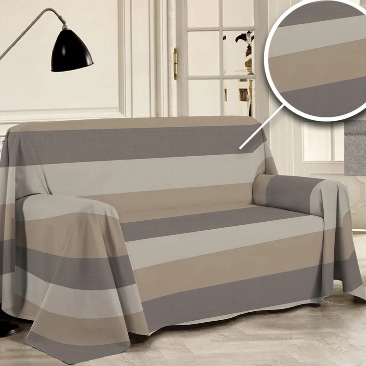 PENSIERI DELICATI Sofabezug 220x290 cm Made in Italy, Garn gefärbtes Abdeckung aus 100% Reiner recycelter Baumwolle, Beige Band, Ideal als Möbel Tuch, Sofa Überzug, Picknickdecke