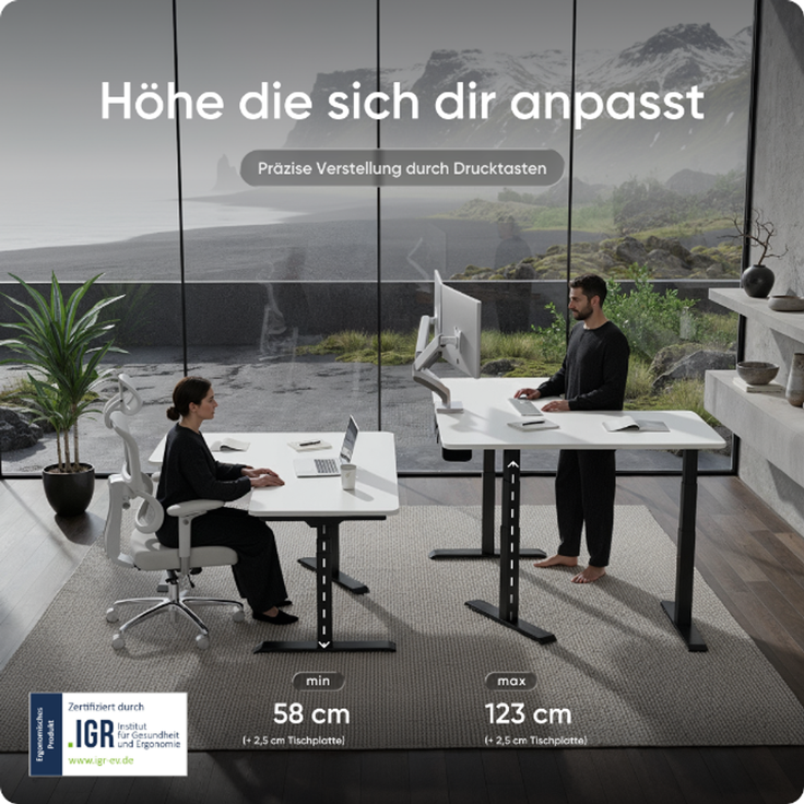 DESKSPACE CORNER Schreibtisch, Elektrisch höhenverstellbar, 160 x 130 x 70 cm, Weiße Tischplatte, Schwarzes Gestell – Bild 5