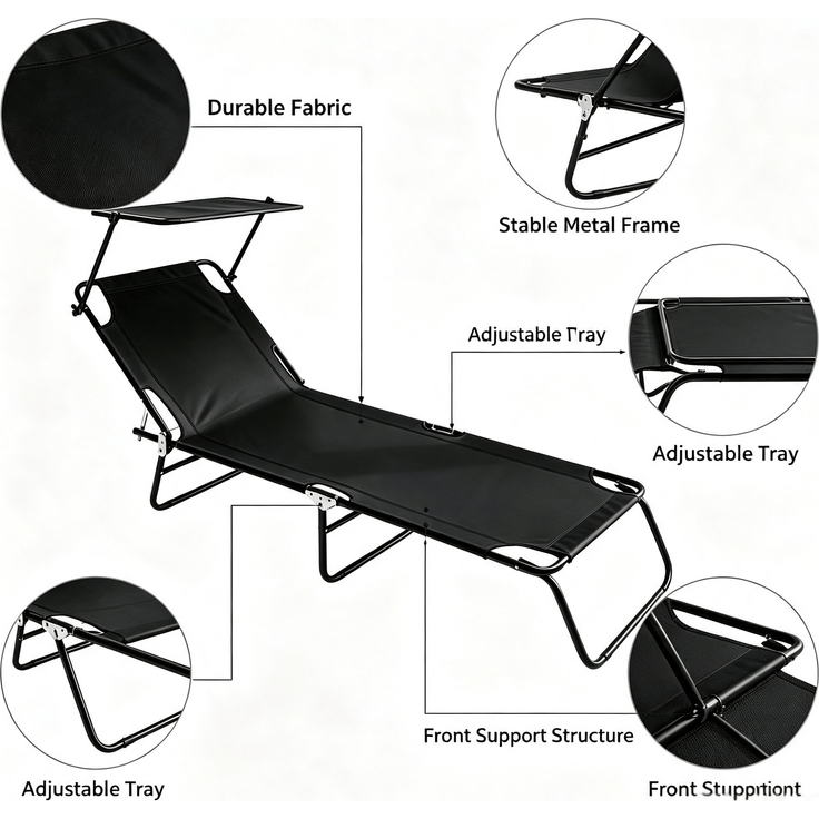 Faltbares Campingbett mit Sonnendach, tragbares, faltbares Bett in Schwarz, robustes Outdoor-Feldbett für Camping, Reisen, Garten, Strand, Angeln, Gästezimmer und Entspannung im Freien--Antikschwarz--71x61x14.5cm--YOUDENOVA – Bild 3