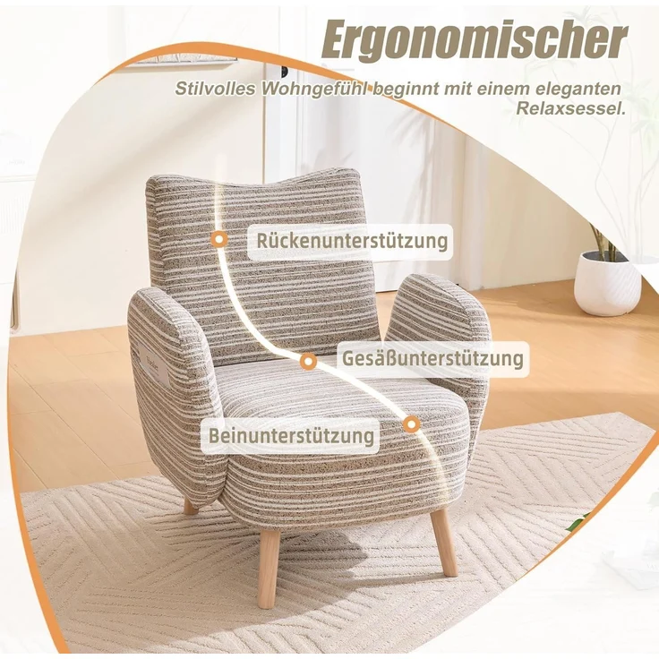 Ohrensessel Fernsehsessel Boucle Sessel Massivholzbeine 77x81cm Khaki – Bild 4