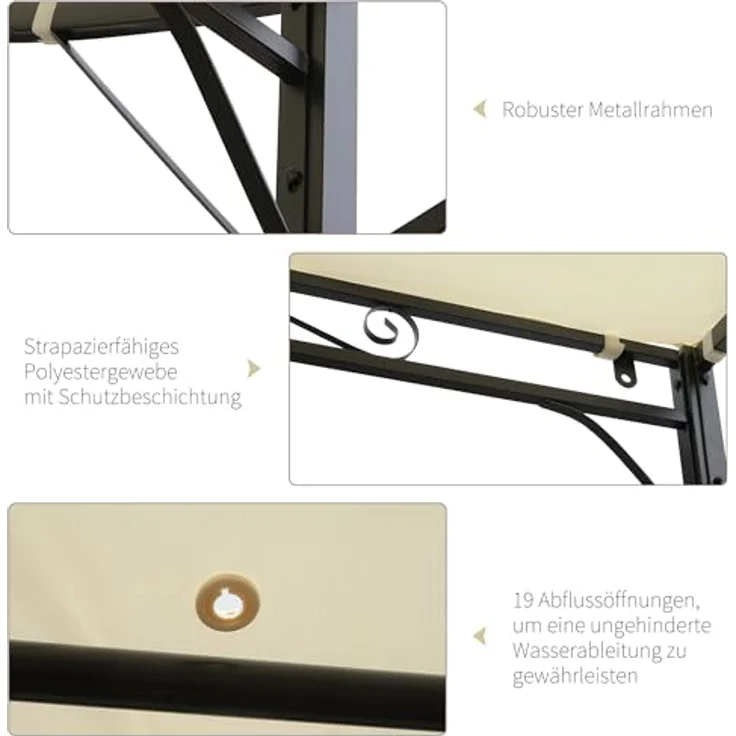 Outsunny Pavillon Gartenpavillon Markise mit klappbarem Seitendach, UV-Schutz, Stahl und Polyester, cremeweiß und schwarz, 3 x 2,5 m – Bild 4